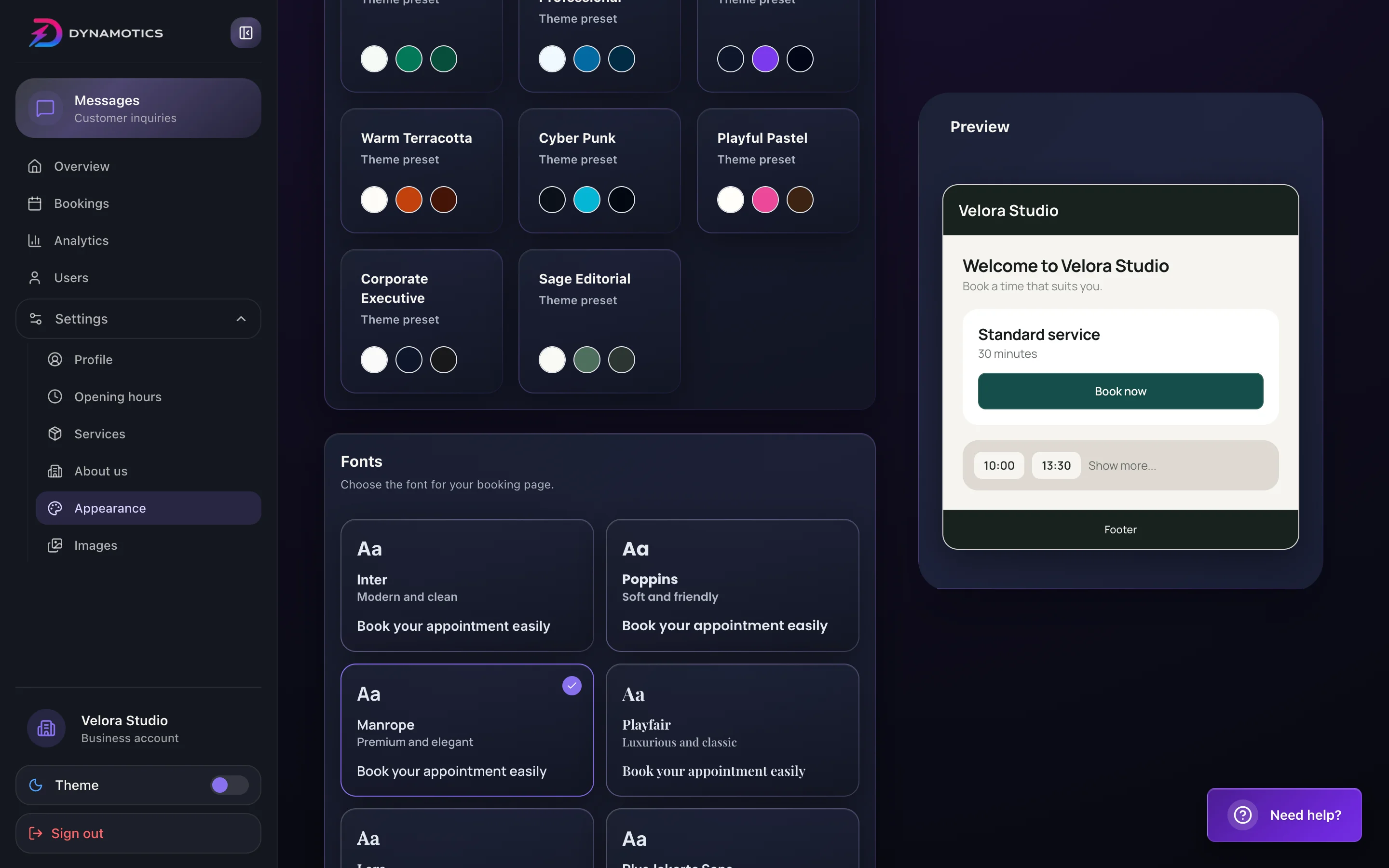 Website appearance settings in Dynamotics