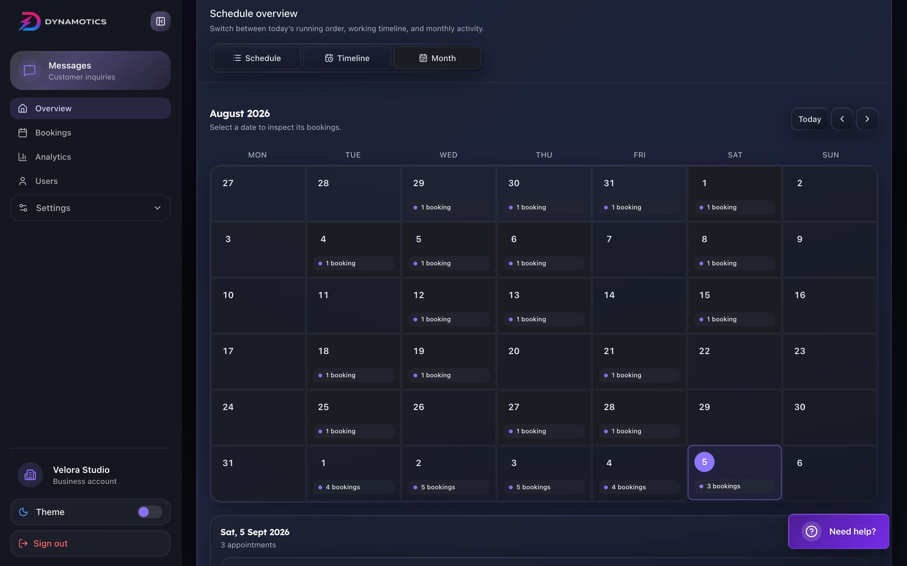 Bookings calendar in Dynamotics