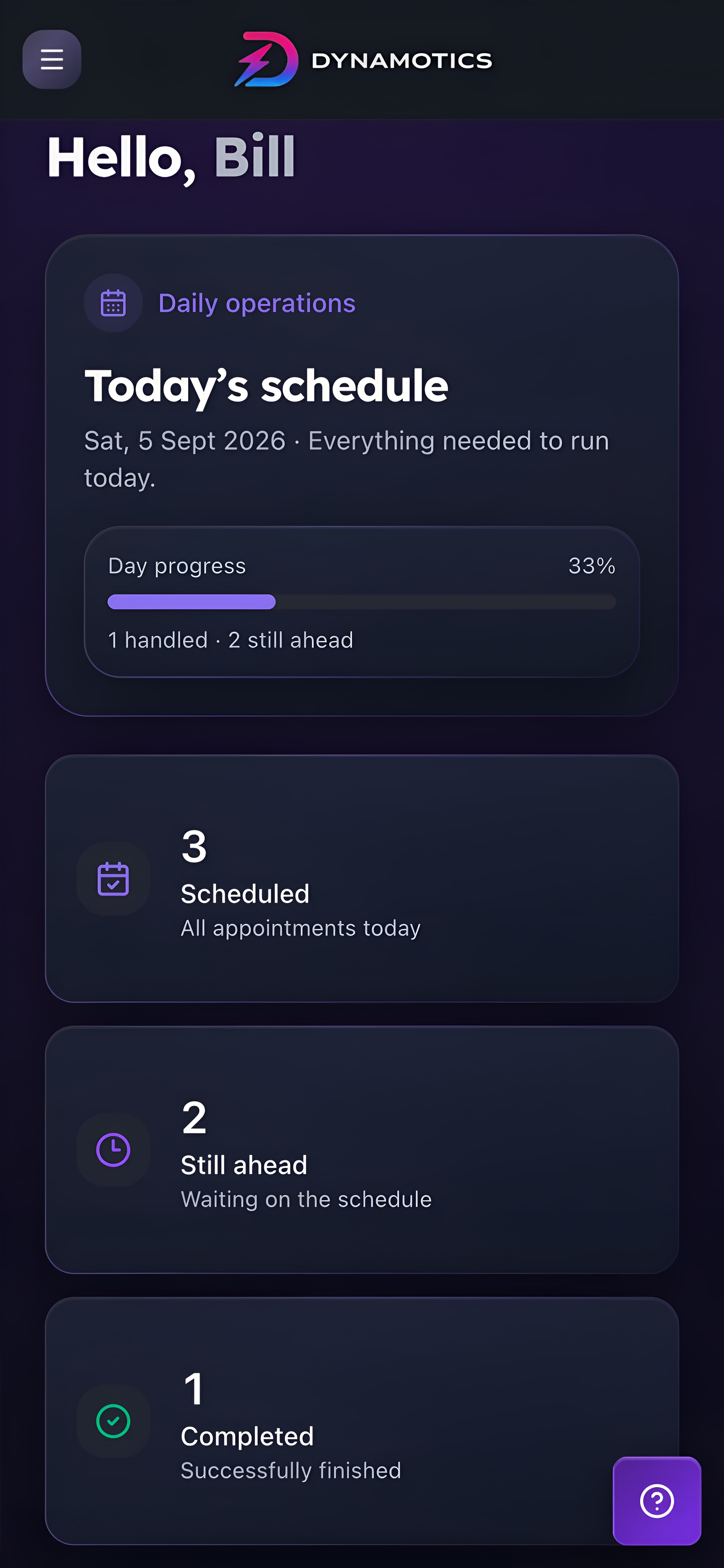 Dynamotics mobile dashboard overview