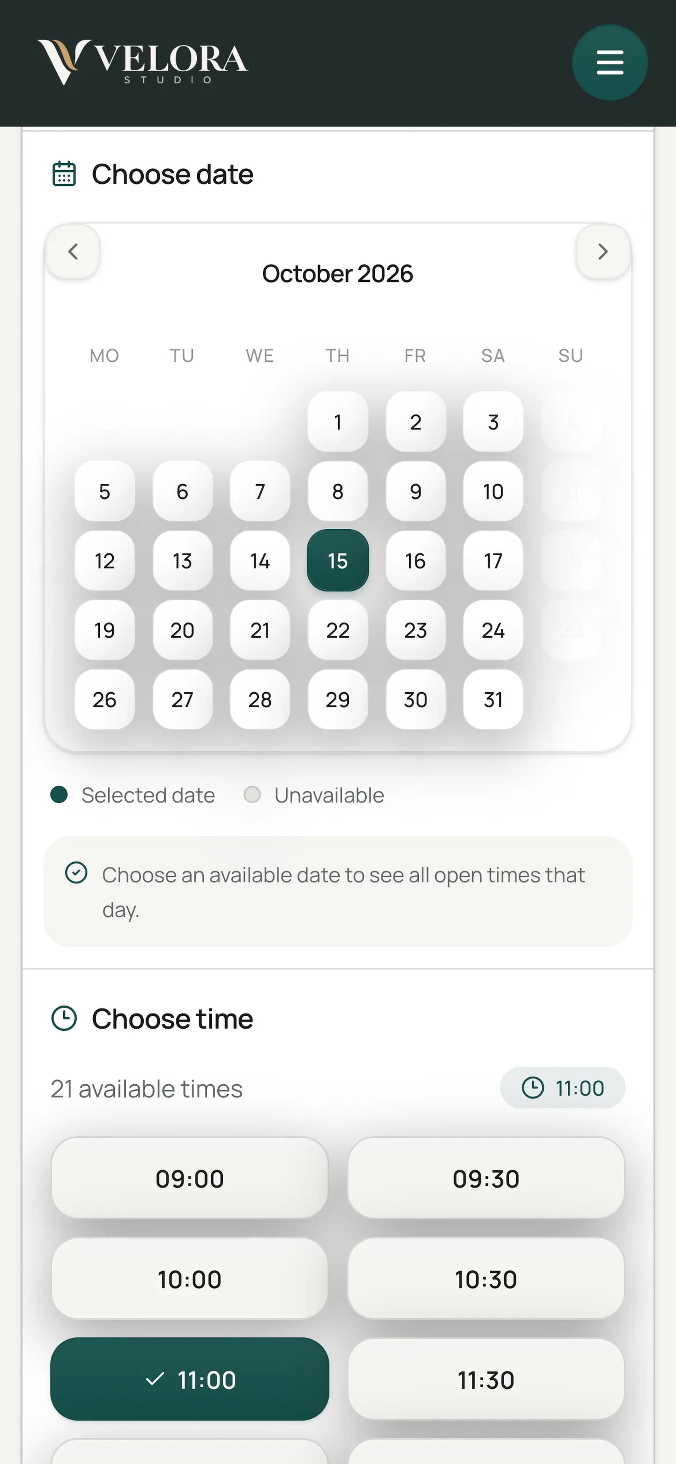 Velora Studio mobile booking experience